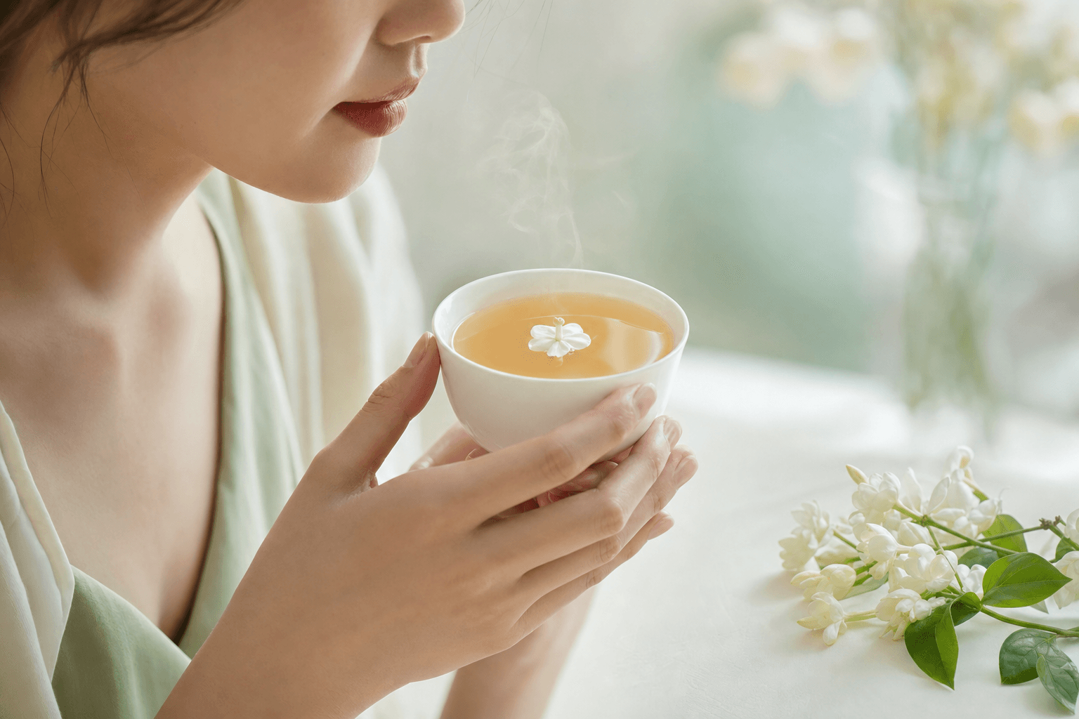 A woman bringing a small white porcelain cup of pale peach Pearl Jasmine tea up to savour it, her face only partly visible, jasmine blossoms nearby