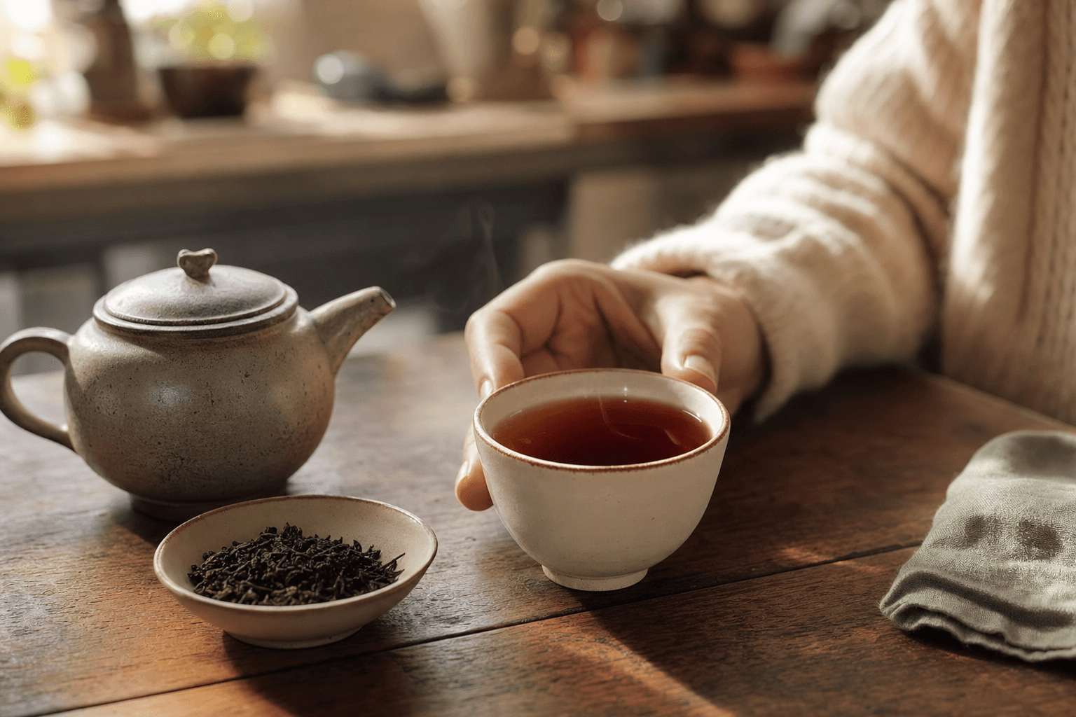 A simple cup of dark reddish-brown Yunnan Crown Select Pu-erh on a wooden kitchen table in warm morning light, steam rising