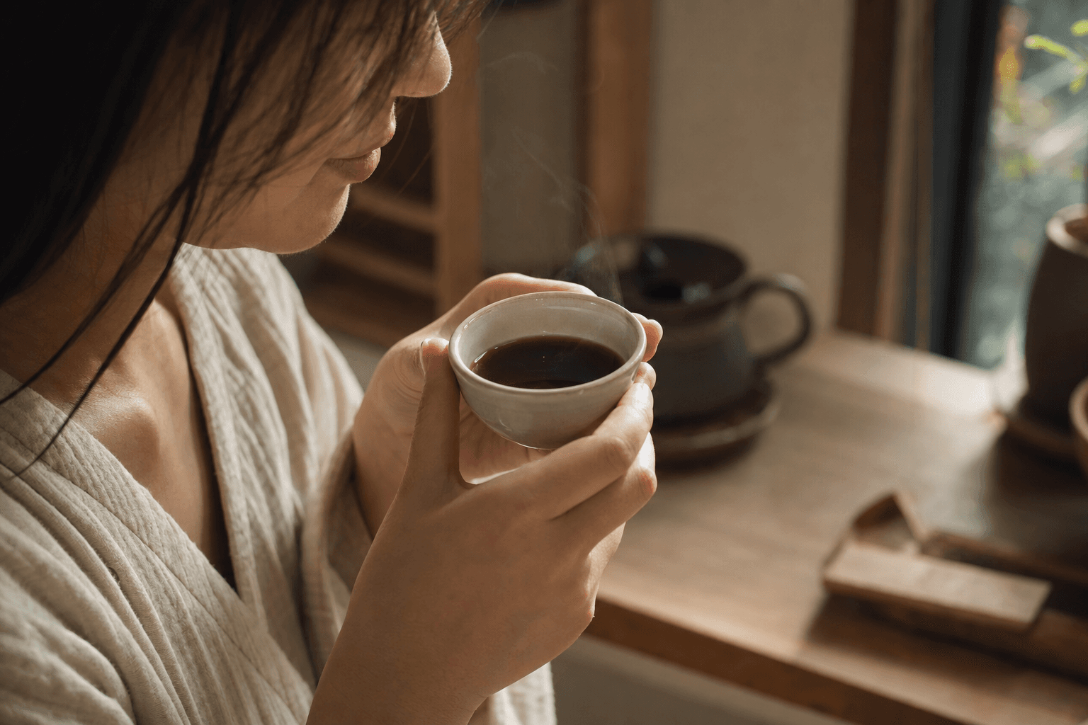 A young woman in a sunlit kitchen lifting a simple cup of dark reddish-brown Yunnan Crown Select Pu-erh, her face only partly visible